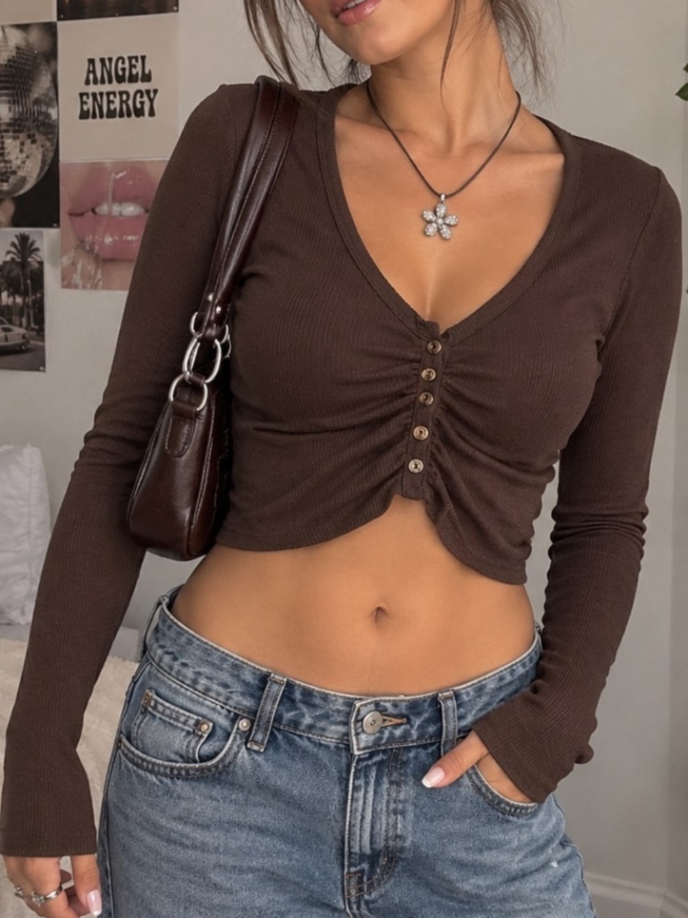 Garage Crop Top Womens Size Large Brown Cinch Front Y2K Summer Streetwear